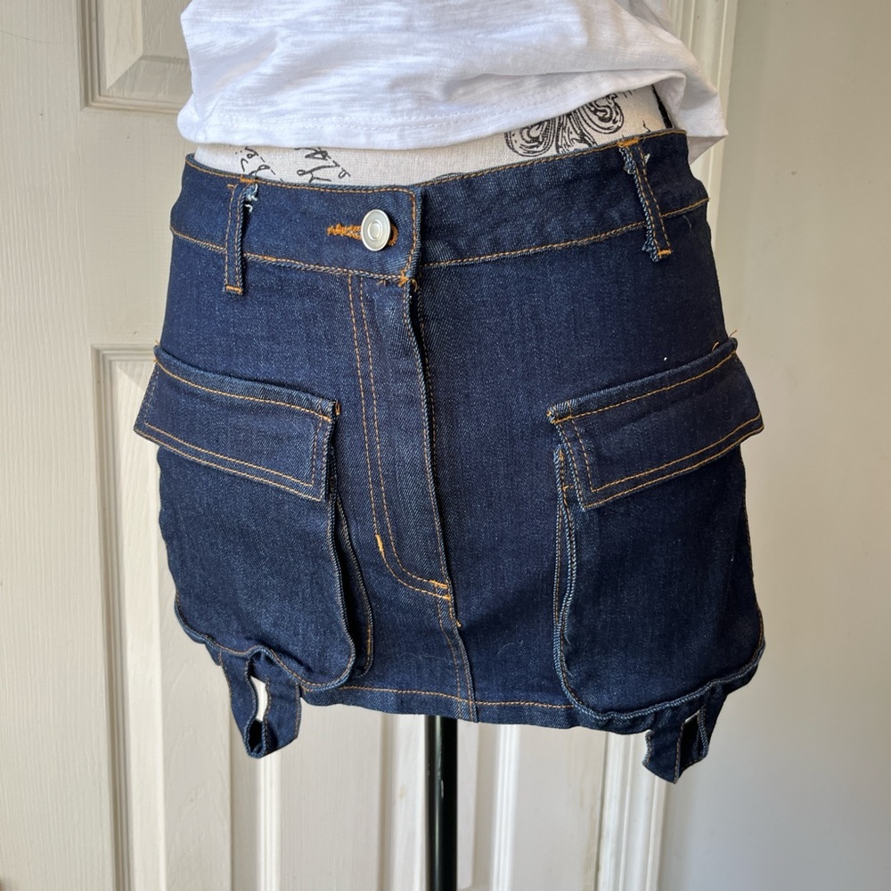 Women's Dark Blue Denim Cargo Mini Skirt